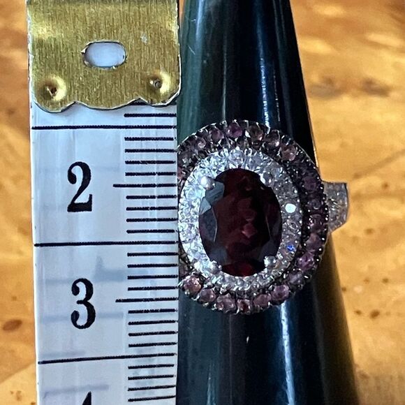 Natural Red Garnet Pink Tourmaline Sterling Silver Double Halo Ring Size 6 - Picture 7 of 9